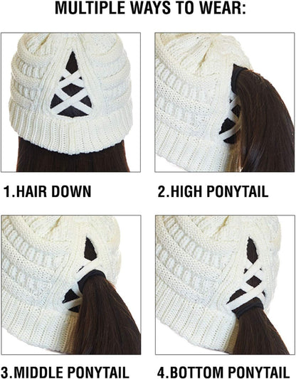 Cozy Cable Knit Messy Bun Beanie for Women - Soft Stretch Winter Hat (MB-20A)