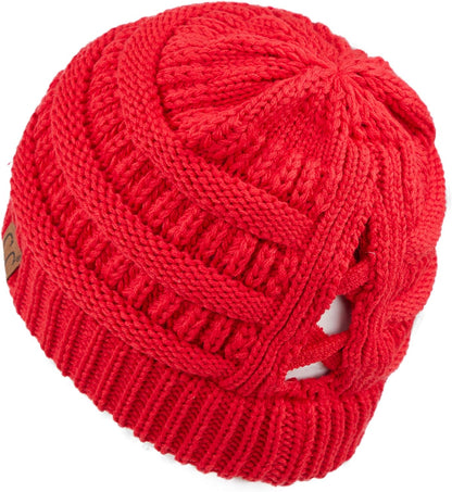 Cozy Cable Knit Messy Bun Beanie for Women - Soft Stretch Winter Hat (MB-20A)