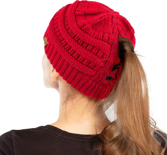 Cozy Cable Knit Messy Bun Beanie for Women - Soft Stretch Winter Hat (MB-20A)